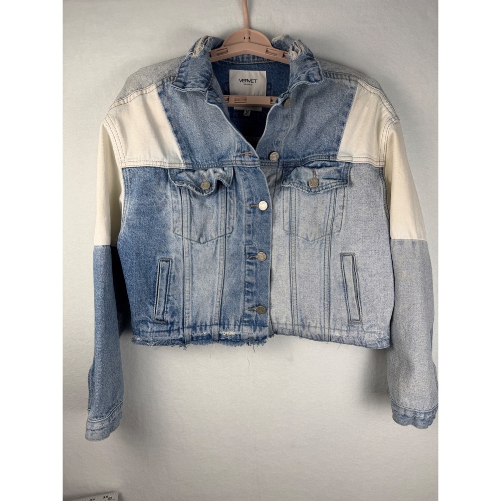 Vervet Patchwork Denim Jacket Medium Two Tone Cropped Raw Hem Streetwear